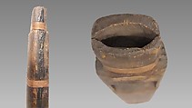 Stopped Pipe (whistle), wood (cedar or spruce), spruce root, asphaltum, Native American (Northwest Coast)
